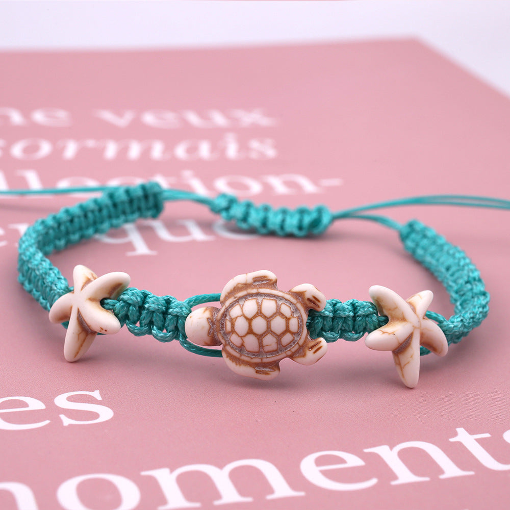 Bracelet de cheville tissé à la main en fil ciré ethnique géométrique simple et créatif Turquoise