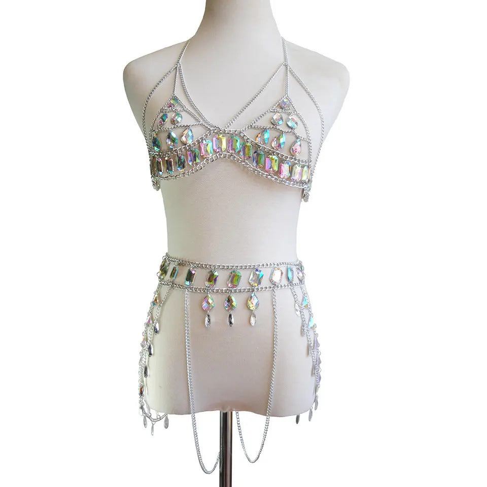 Mode été alliage soutien-gorge chaîne acrylique Bikini poitrine collier taille chaîne costume