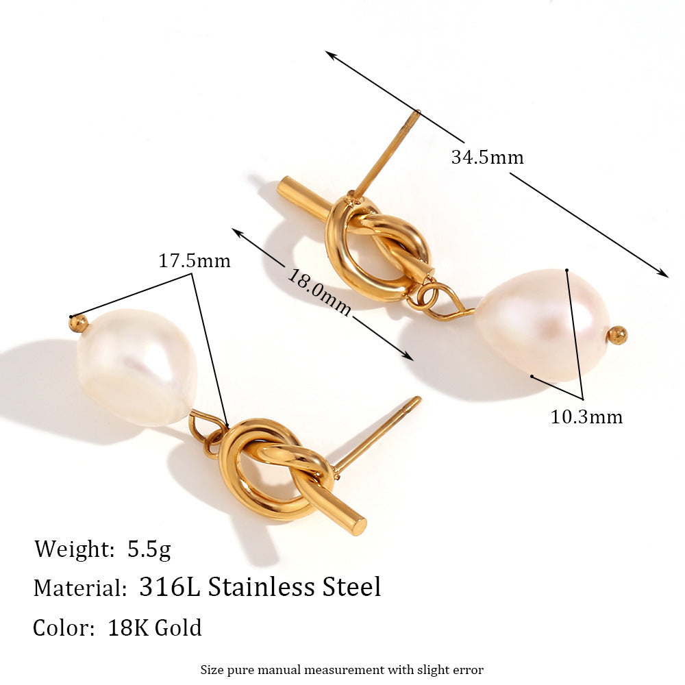 Fashion Stainless Steel 18K Gold Plating Knotted Button Freshwater Pearl Ear Studs