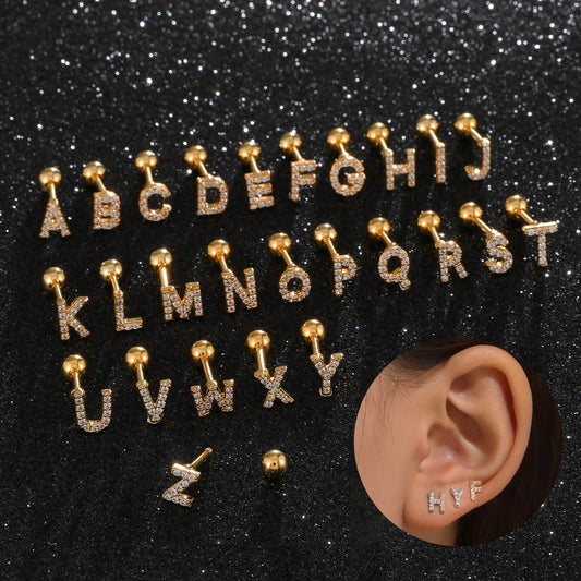 Inlaid Zircon 26 English Letters Ear Bone Stud Retro Personality Alloy Letter Thread Stud Earrings Ear Piercing