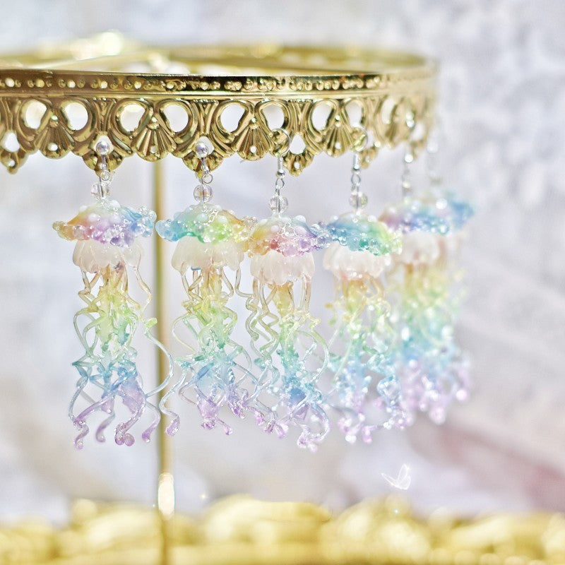 Boucles d'oreilles à clip d'oreille longues exagérées méduses arc-en-ciel