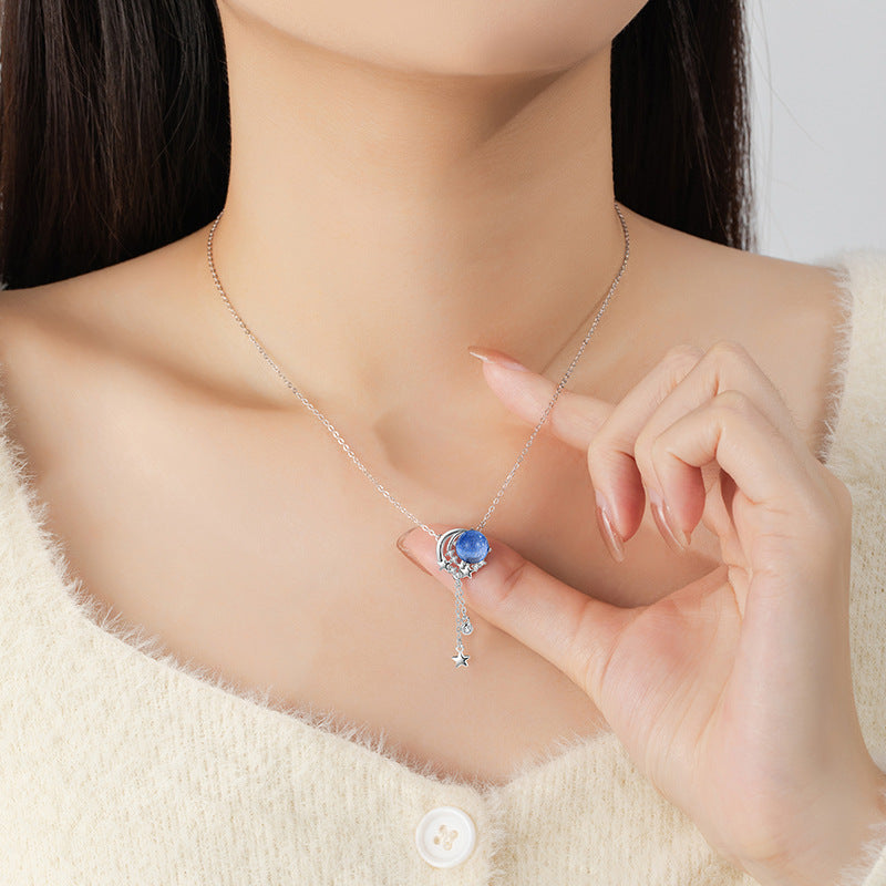 Sterling Silver S925 Simple Niche Design Glazed Stone Clavicle Chain Ins Style Moon Pendant