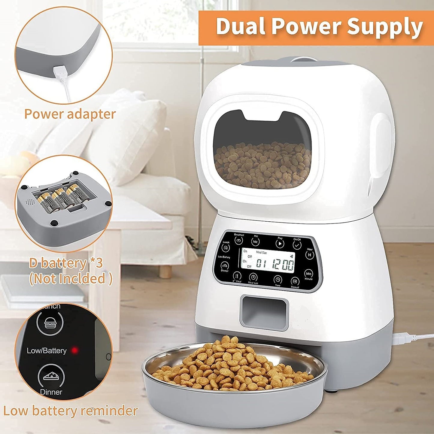 Alimentador inteligente para mascotas, dispensador automático de comida para gatos y perros, tazón de acero inoxidable, con sincronización de grabación, alimentación