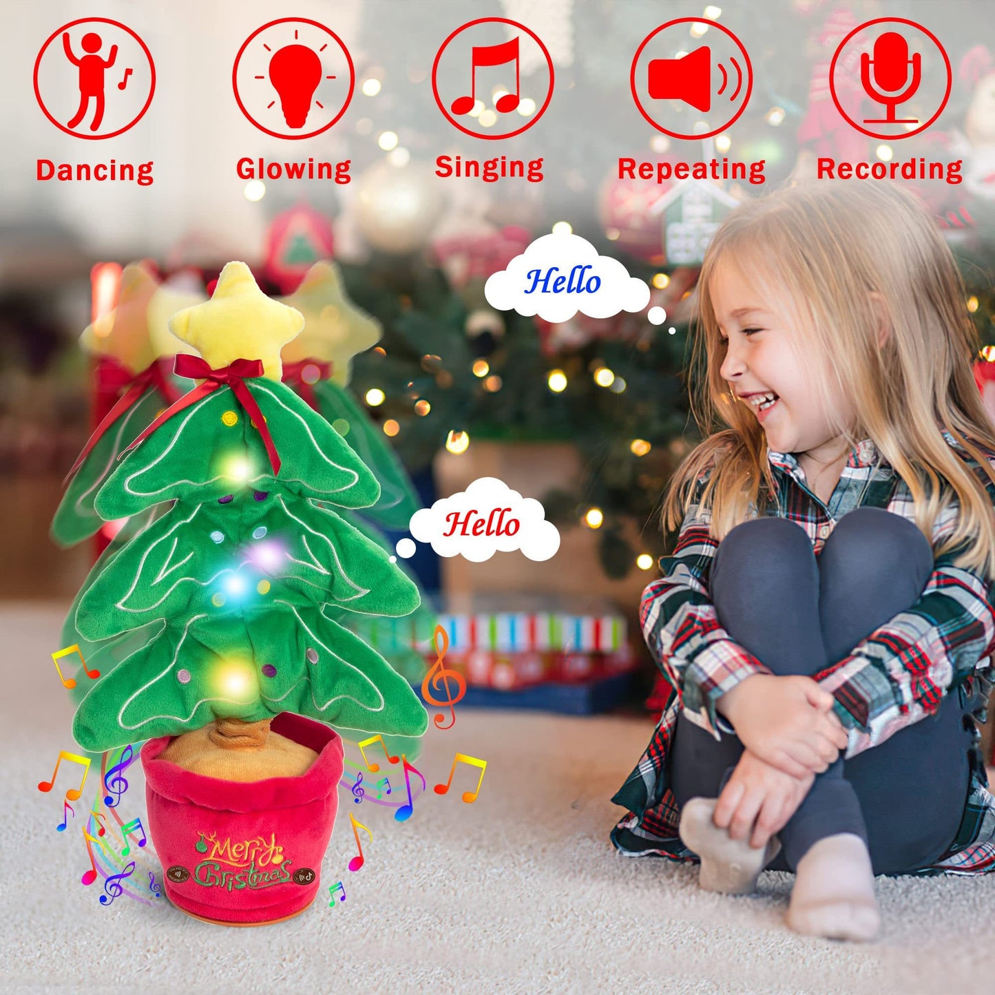 Jouets de noël dansants, arbre amusant, répétition parlant, jouets électroniques en peluche, peut chanter, enregistrement, éclaircir, éducation précoce, cadeau amusant de noël