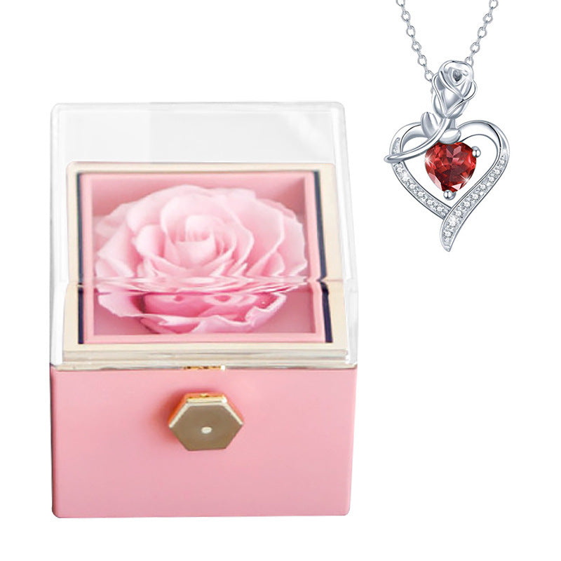 Rotatable Preserved Fresh Flower Necklace And Rose Box Suit