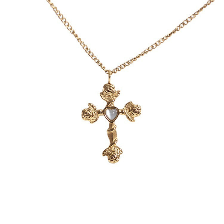 Collier avec pendentif croix en acier et titane doré français, pierre incrustée