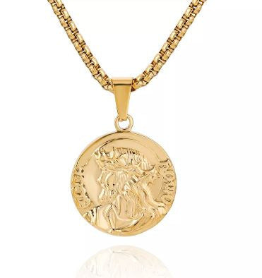 Collar con colgante chapado en oro de 18 quilates con moneda de acero inoxidable y brújula para hombre