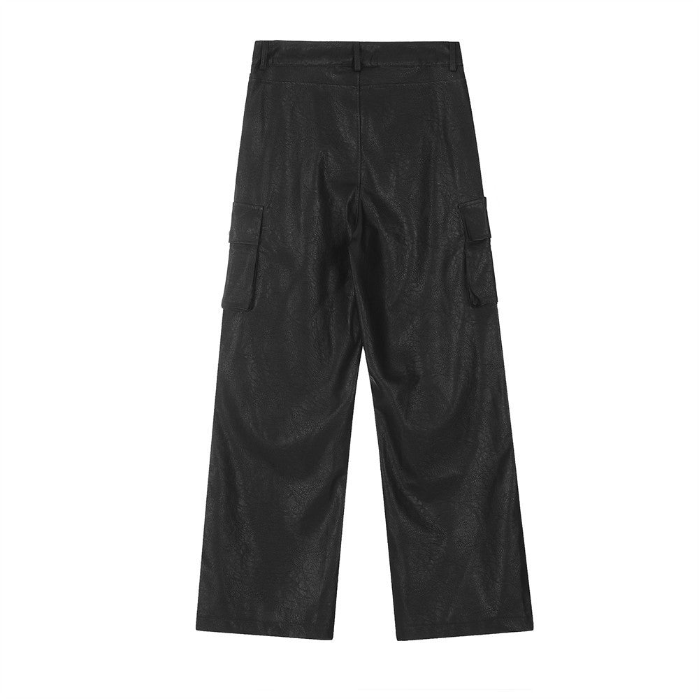 Loose Wide Leg Multi-pocket Workwear Leather Pants