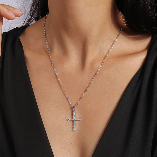 Fashion Simple Women's Diamond Spot Drill Hollow Cross Sweater Chain Necklace