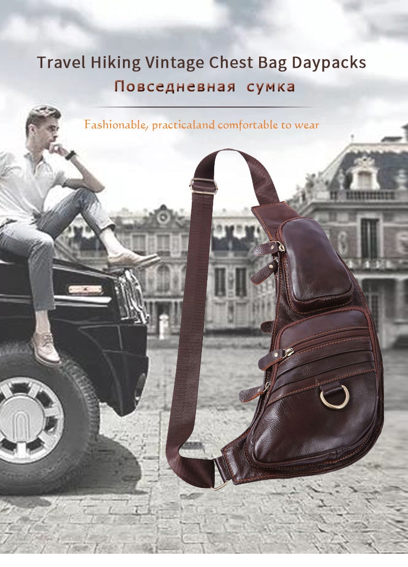 Bolso de cuero para hombre en el pecho Cartera informal de piel de vaca de primera capa