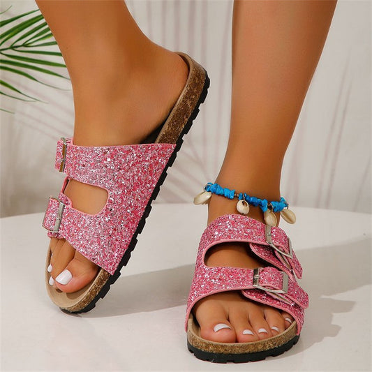 Sandalias de doble hebilla para mujer, nueva moda, zapatos de playa con lentejuelas, zapatillas de ocio para verano al aire libre, diapositivas