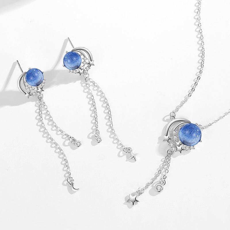 Sterling Silver S925 Simple Niche Design Glazed Stone Clavicle Chain Ins Style Moon Pendant