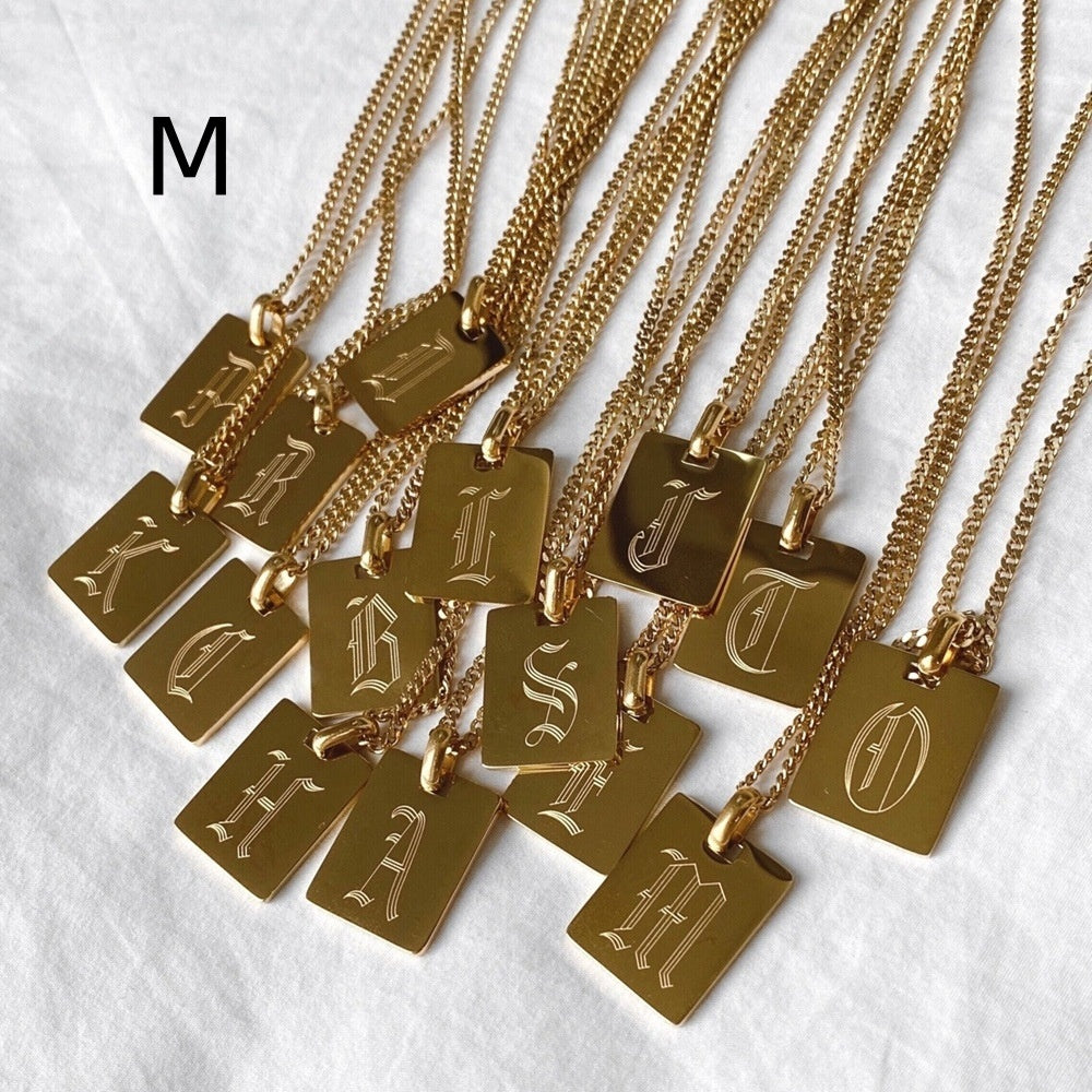 Stainless Steel Rectangular Ancient English 26 Letters Pendant Necklace For Women
