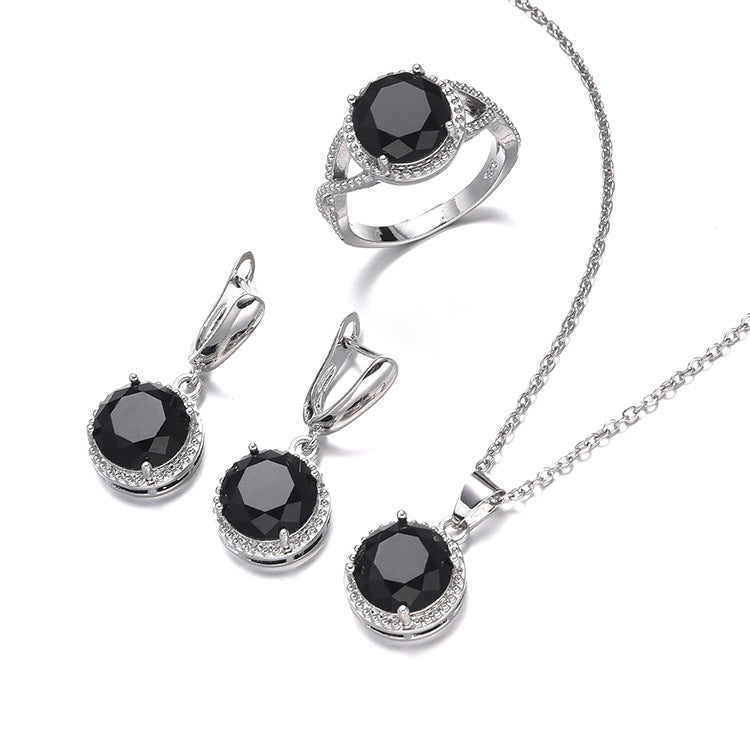 Women's Zircon Necklace Earring Ring Three-piece Set Simple Round