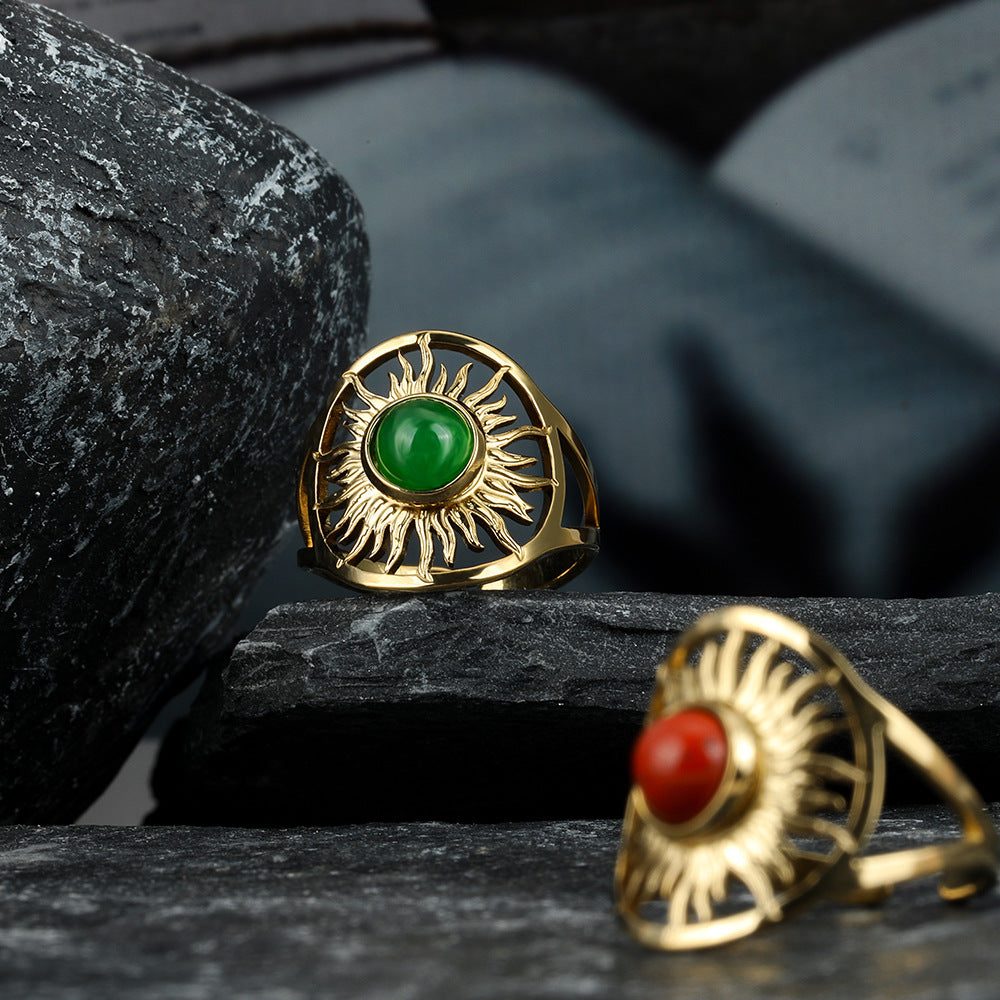 Anillo de acero de titanio con girasol hueco femenino ajustable de acero inoxidable