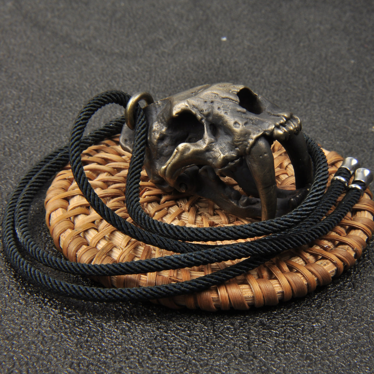 Vintage Brass Saber-toothed Cat Skull Pendant Necklace