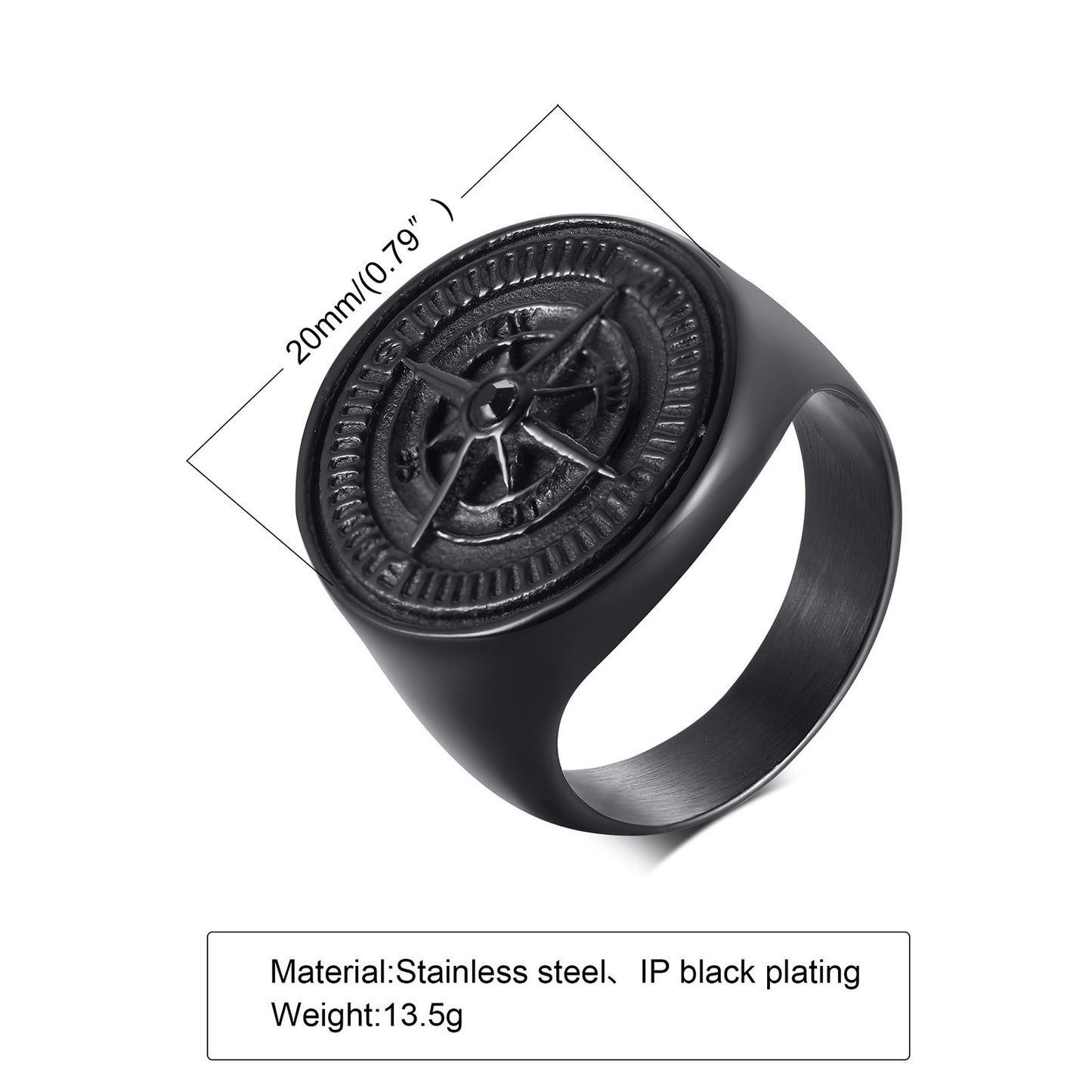 Anillo de fundición de brújula redonda elegante de acero inoxidable negro para hombres