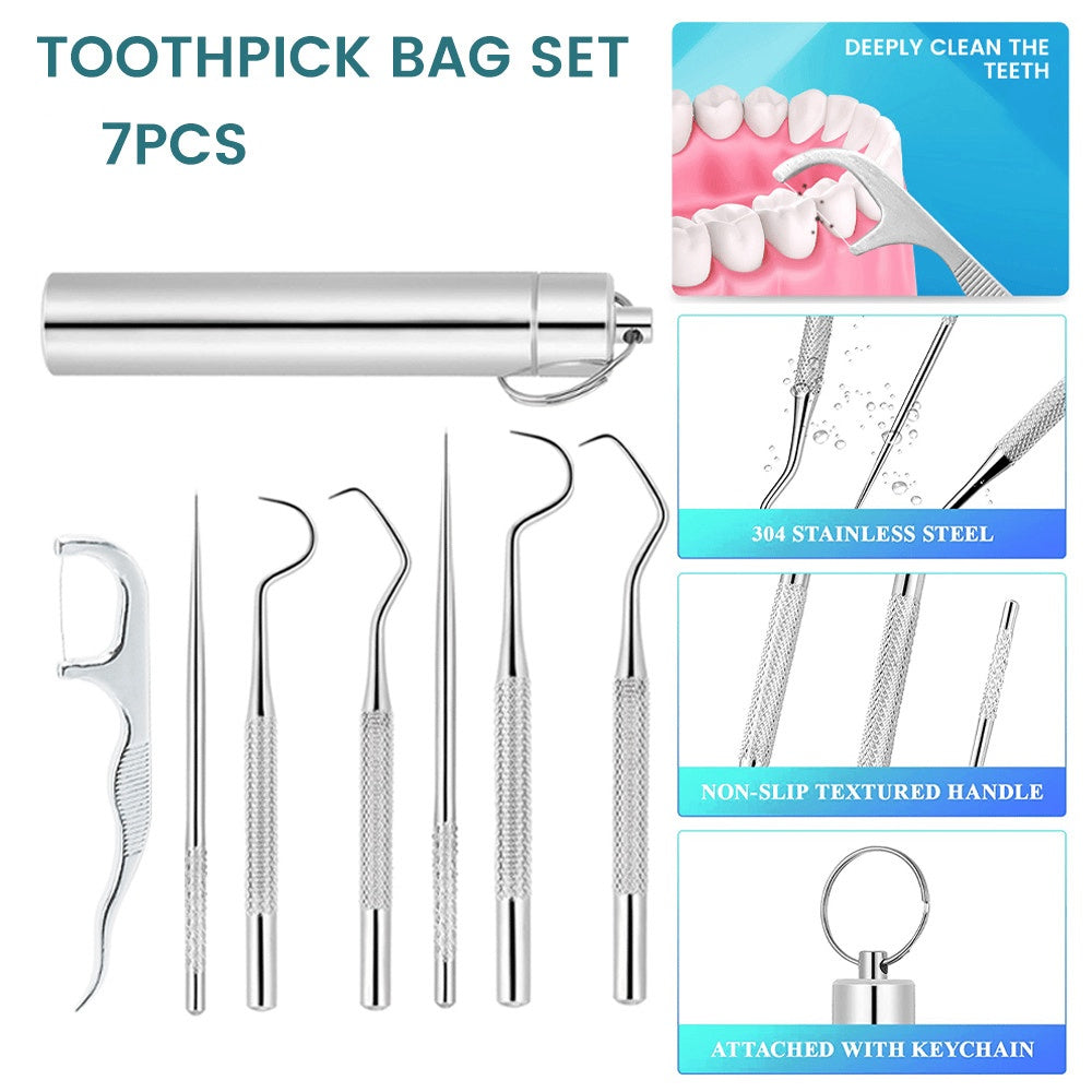 Cure-dents en acier inoxydable 304, outil de nettoyage Portable domestique, ensemble de 7 pièces