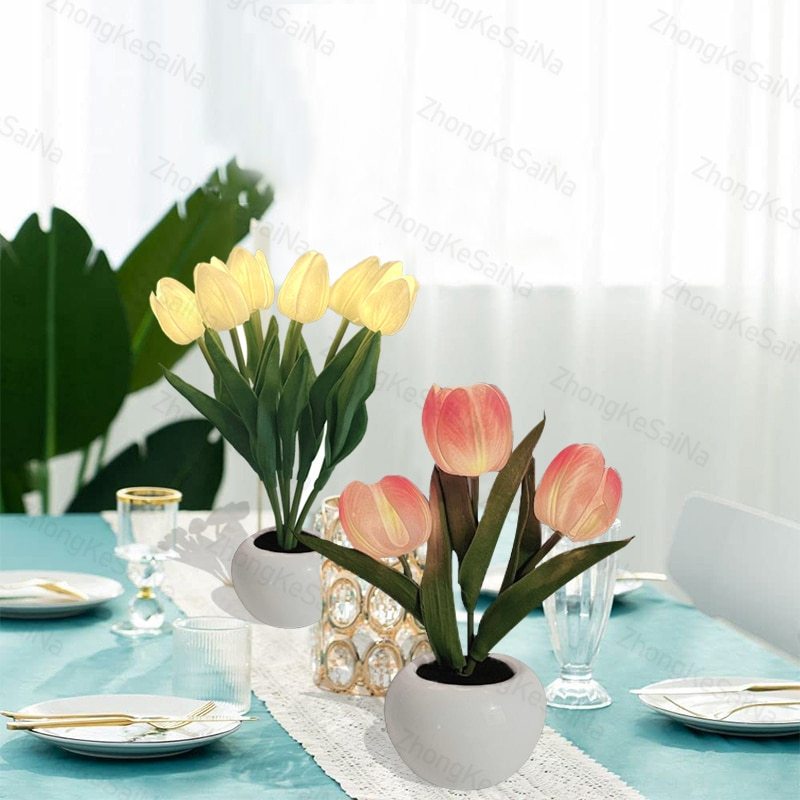 Lámpara LED de noche de tulipán, lámpara de mesa de flores de simulación, decoración de la habitación del hogar, lámpara de ambiente, regalo romántico en maceta para luces LED de oficina