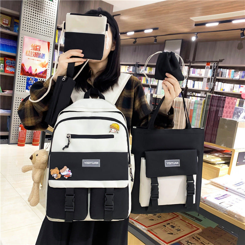 Sac à dos en nylon haute capacité pour collégiens, ensemble de cinq pièces