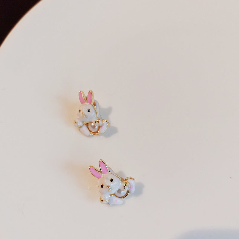 Boucles d'oreilles à tige en forme de lapin doux et mignon, aiguille en argent 925