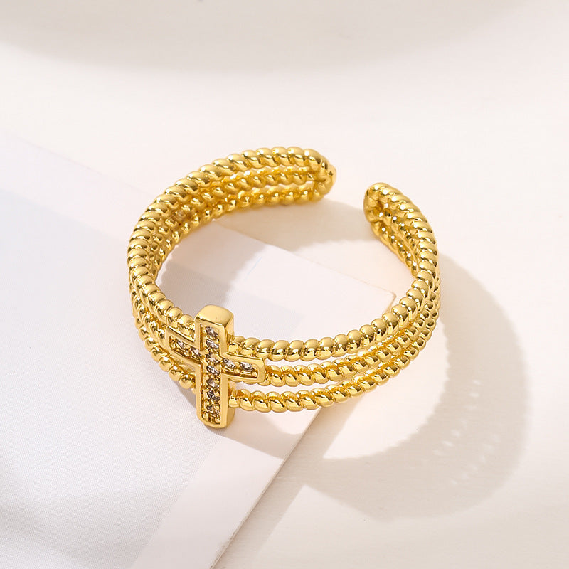 Bague géométrique croisée en Zircon creux à trois couches pour femmes, placage de cuivre en or 18 carats