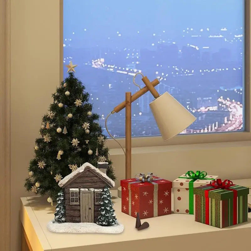 Quemador de incienso de cabaña de troncos, chimenea rústica de Navidad, quemador de cono de incienso, mesa de estatua de resina coleccionable