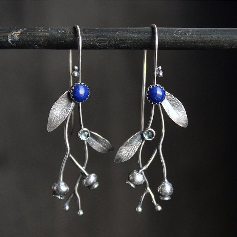 Boucles d'oreilles Vintage Branches de vigne, feuilles simples européennes et américaines, perles en pierre bleue, crochets d'oreille