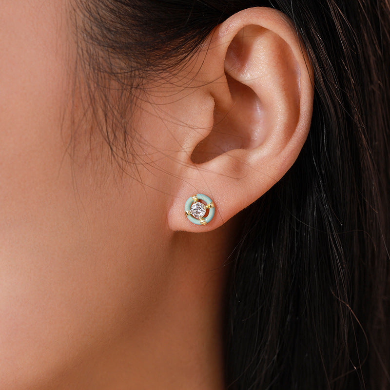 S925 Sterling Silver Special-interest Design Round Blue Enamel Stud Earrings