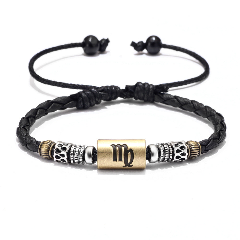 Fashion Personality Trend Twelve Constellation Symbol Leather Rope Braided Rope Bracelet