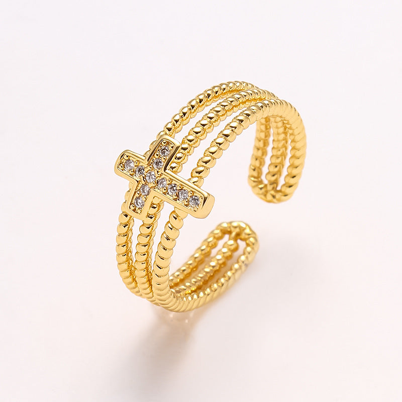 Bague géométrique croisée en Zircon creux à trois couches pour femmes, placage de cuivre en or 18 carats