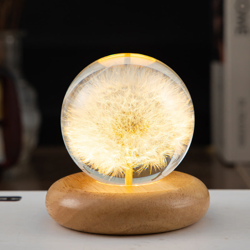 Lámpara LED de noche con bola de cristal y flores para niños, lámpara de noche con Base de madera, luz ambiental para dormitorio, regalo creativo, luz nocturna