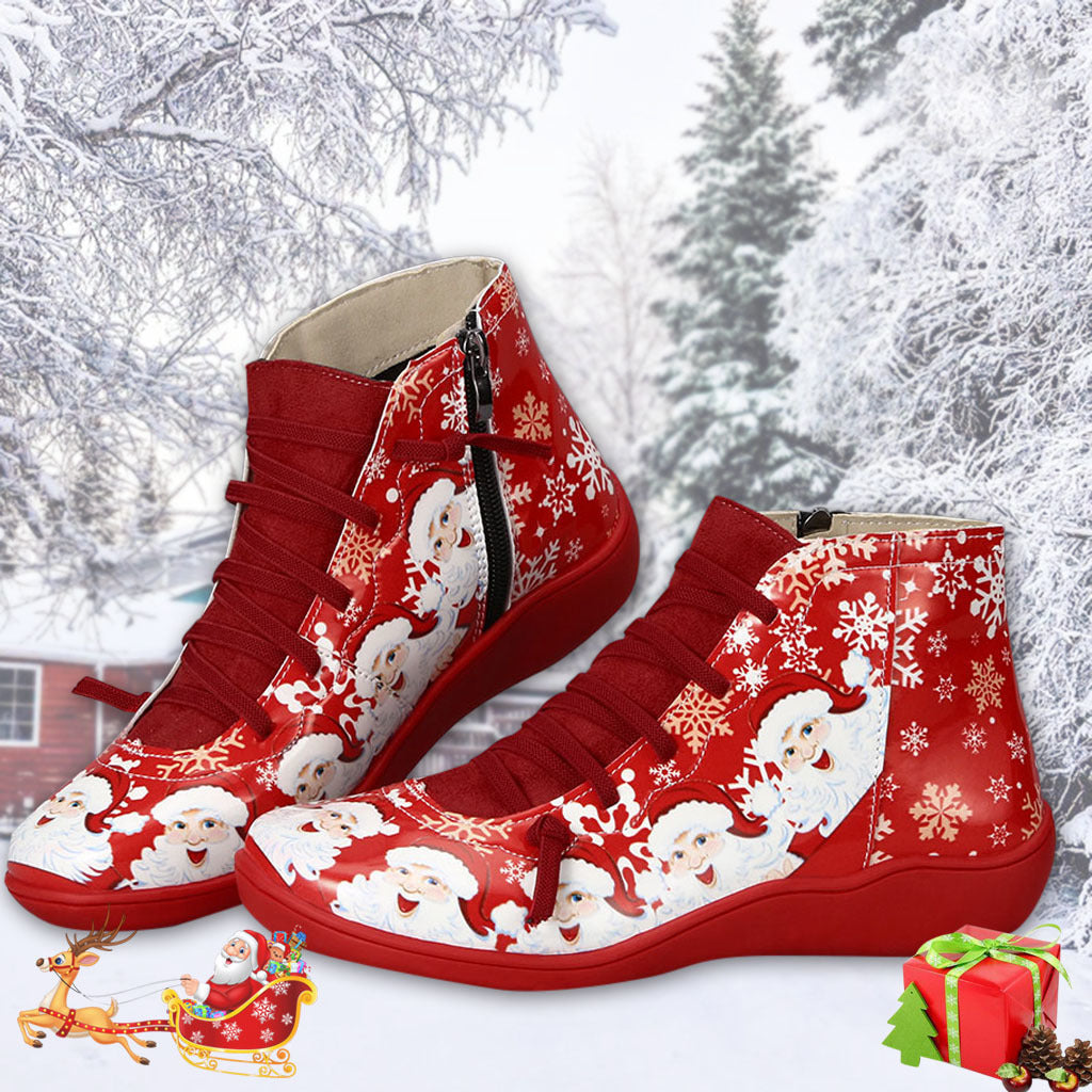Bottines de noël pour femmes, chaussures plates décontractées avec imprimé de flocon de neige, fermeture éclair latérale, bottes courtes