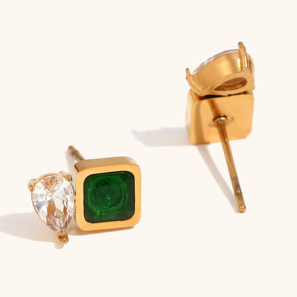 Square Green Zirconium Transparent Water Drop Stitching Earrings