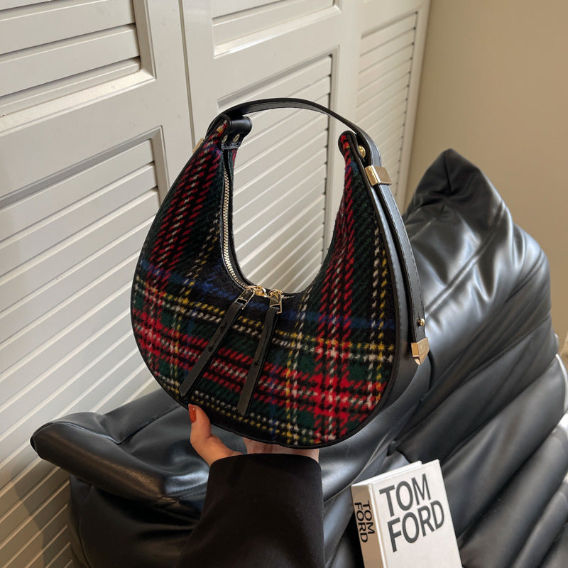 Women's Fashion Color Contrast Plaid Retro Hand Carrying Dumpling Bag