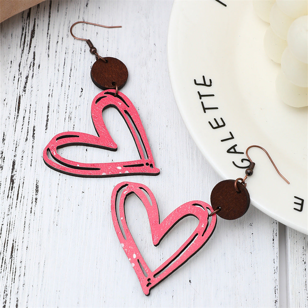 Boucles d'oreilles décoratives en bois en forme de lettre de coeur, série saint-valentin