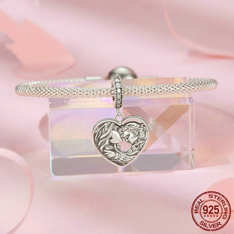 Adorno de cuentas de plata de ley con amor de madre e hija