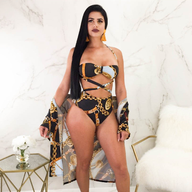 Maillot de bain sexy bikini taille haute fendu