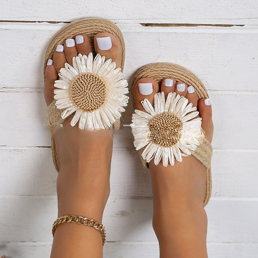 Été nouvelle mode femmes lin mode Simple fleur plat sandales décontractées