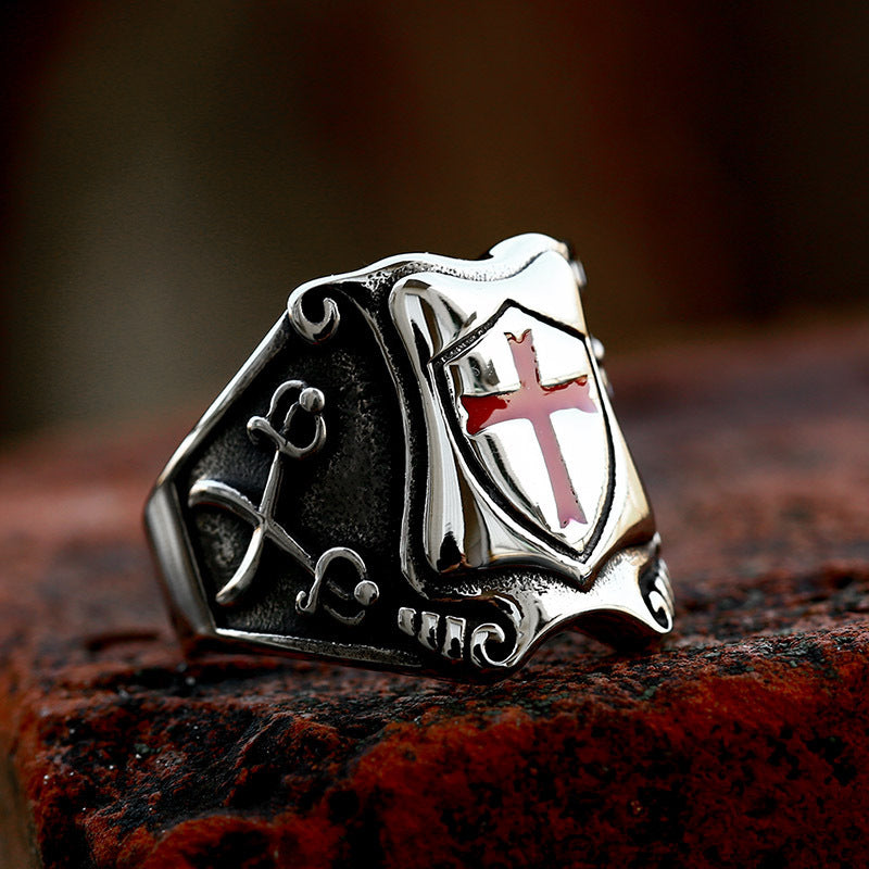 Anillo de epoxi con cruz de escudo de acero inoxidable