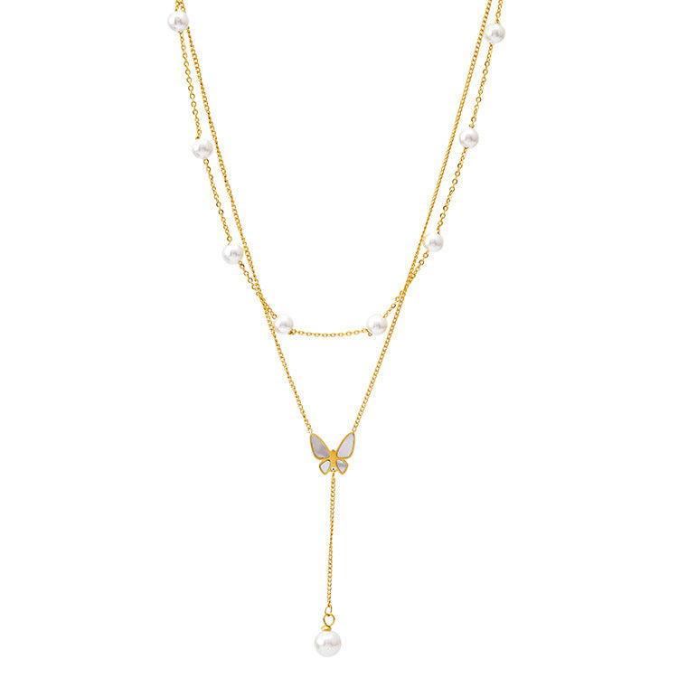 Butterfly Women's Titanium Steel Double-layer Chain Pearl Long Fringe Pendant Color-retaining V-neck Clavicle