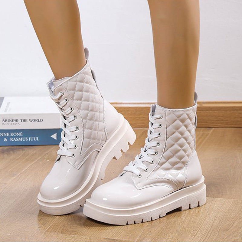 Botas de tacón grueso con cordones para mujer, botines informales con plataforma y punta redonda, zapatos de moto minimalistas con patrón acolchado a la moda, para invierno
