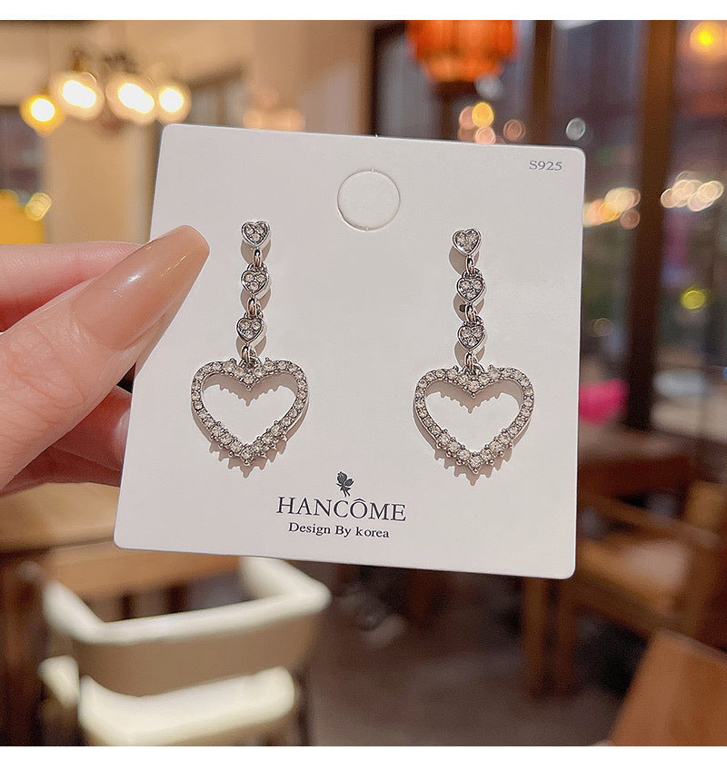 Boucles d'oreilles en argent Sterling pour femmes, aiguille scintillante, strass complets, cœur d'amour, Ins