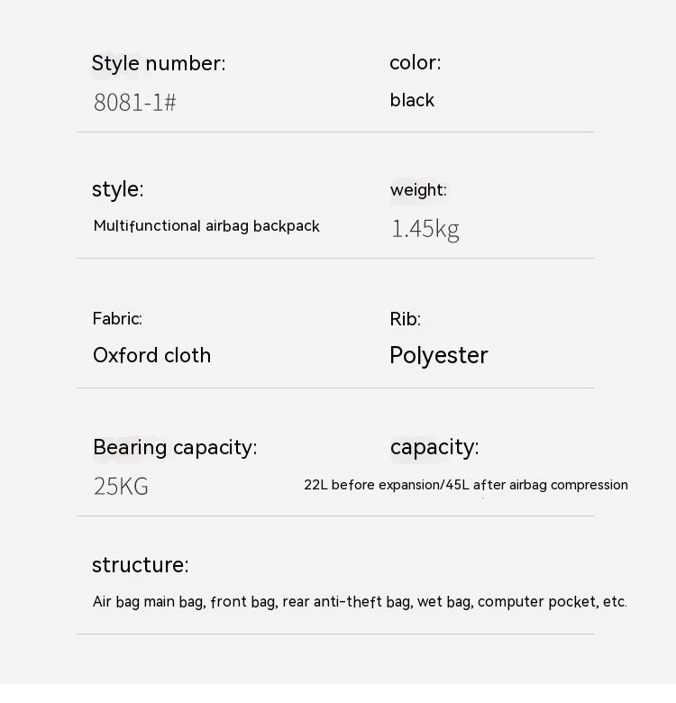 Sac à dos Airbag multifonctionnel grande capacité pour hommes