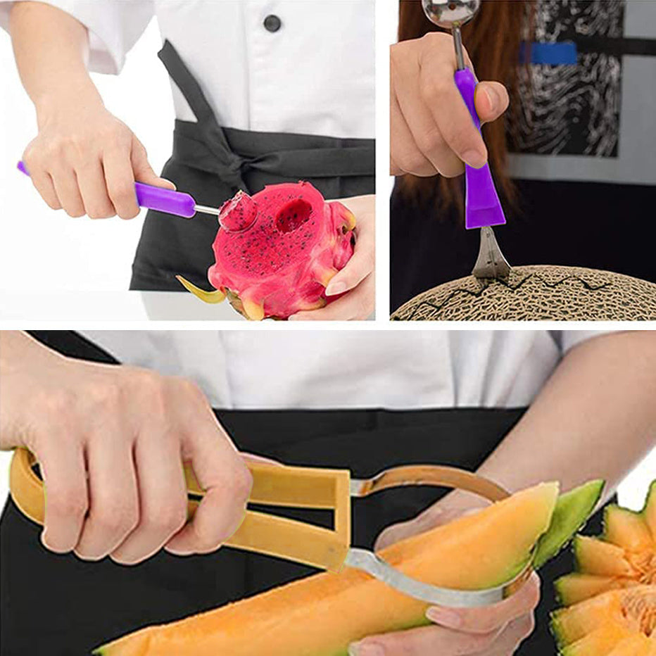 Ensemble d'outils professionnels de sculpture de fruits de coupe-pastèque en acier inoxydable 4 en 1, couteau à pastèque pour enlever les graines de fruits, couteau à pastèque pour séparateur de pulpe, trancheuse de fruits, ensemble de cuillères à melon
