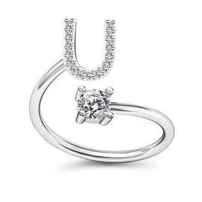 Female Stylish Adjustable Zircon 26 Letters Ring