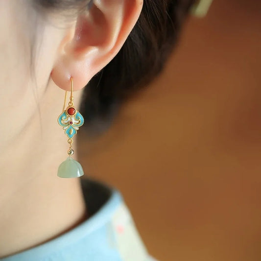 Boucles d'oreilles en argent Sterling et or ancien, Jade Hetian, graine de Lotus, émail pour femmes, rétro capricieuses