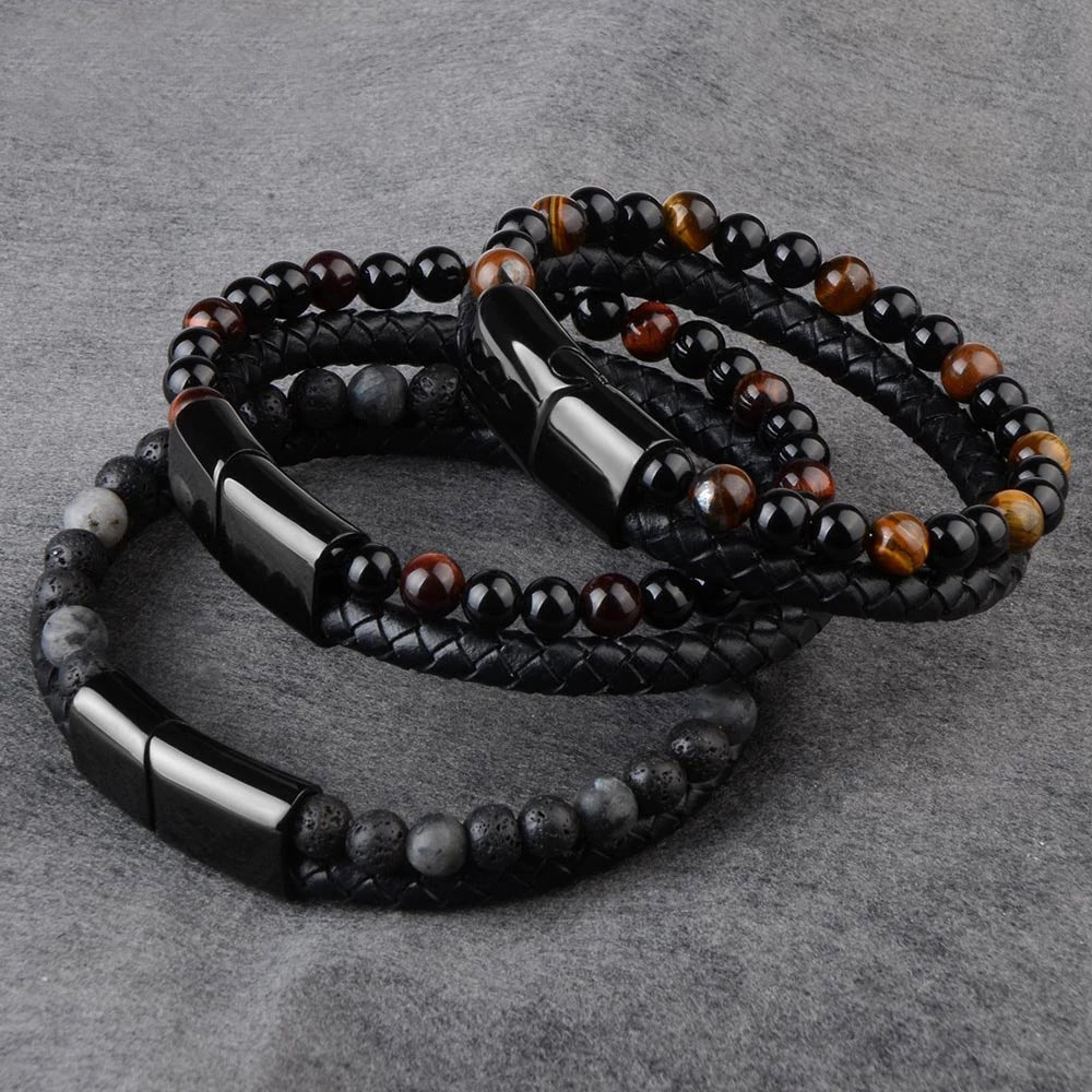 Bracelet en pierre naturelle en corde de cuir en alliage pour hommes