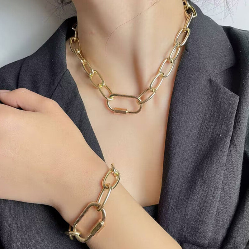 Simple Cross Thick Chain Necklace Bracelet Set Women
