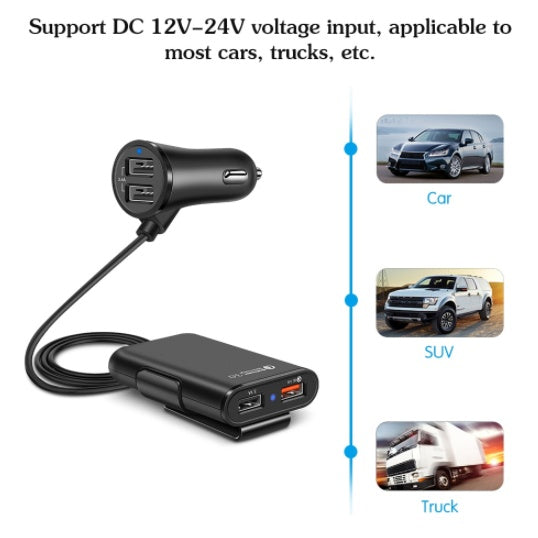 Compatible con el cargador de coche del asiento trasero QC3.0 2.4A3.1A 4 USB con cable un clip